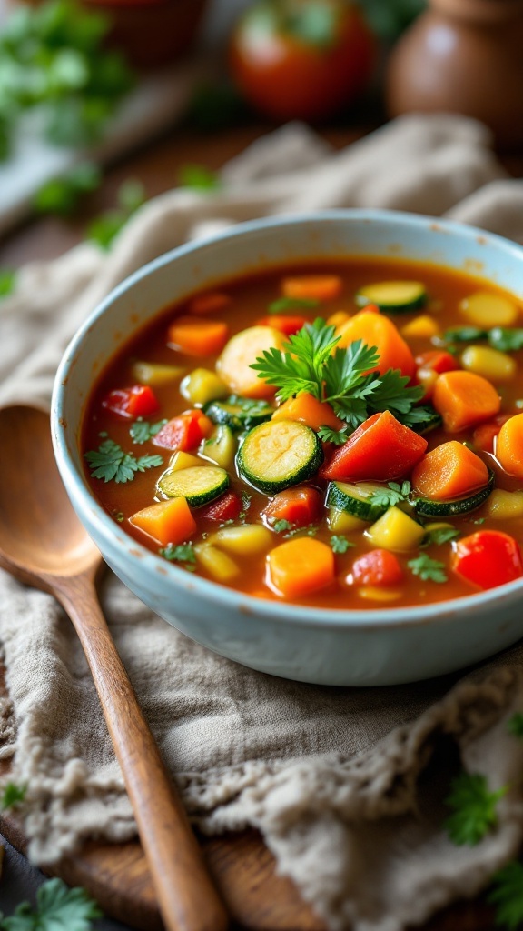 A bowl of colorful vegan vegetable soup with carrots, zucchini, green beans, and herbs, garnished with parsley.